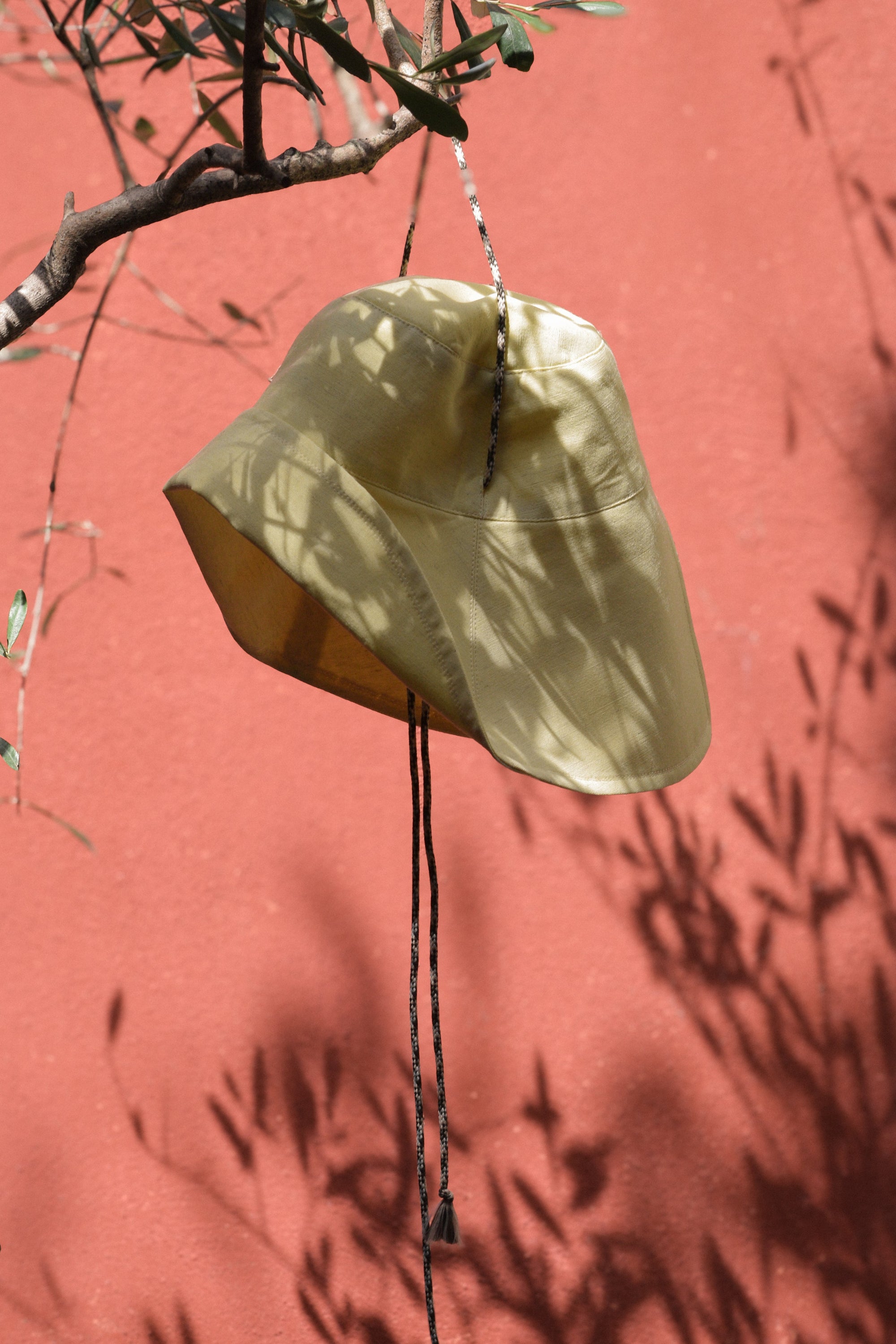 Yellow hat hanging from a branch against a red wall